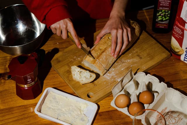 Bread, eggs and butter on the table